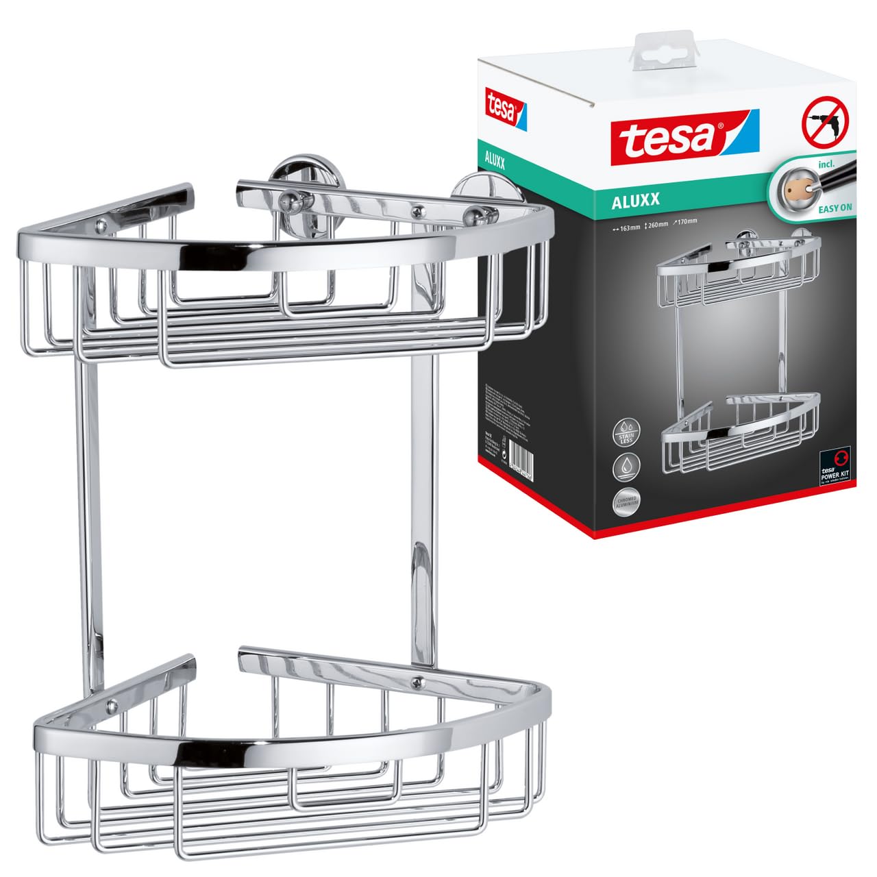 Aluxx Two-Tier Corner Shower Caddy - Self-Adhesive, High-Gloss Chromed Aluminium Shower Basket Organiser - with tesa Power.Kit Adhesive Mounting Technology - 260 mm x 163 mm x 170 mm