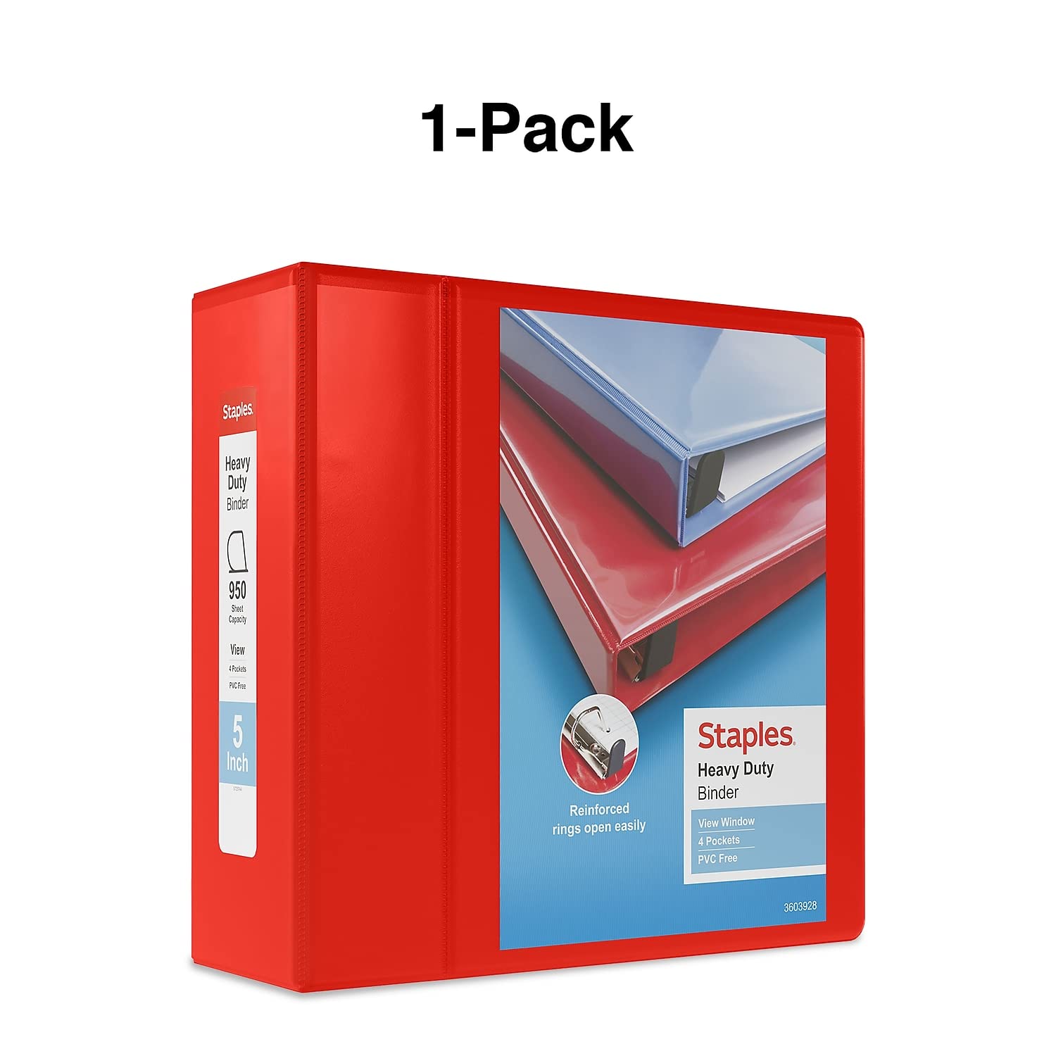 Staples Heavy-Duty 5-Inch D-Ring View Binder Red 1000 Sheets | Extra-large capacity for office archiving and bulk document storage. product thumbnail 6