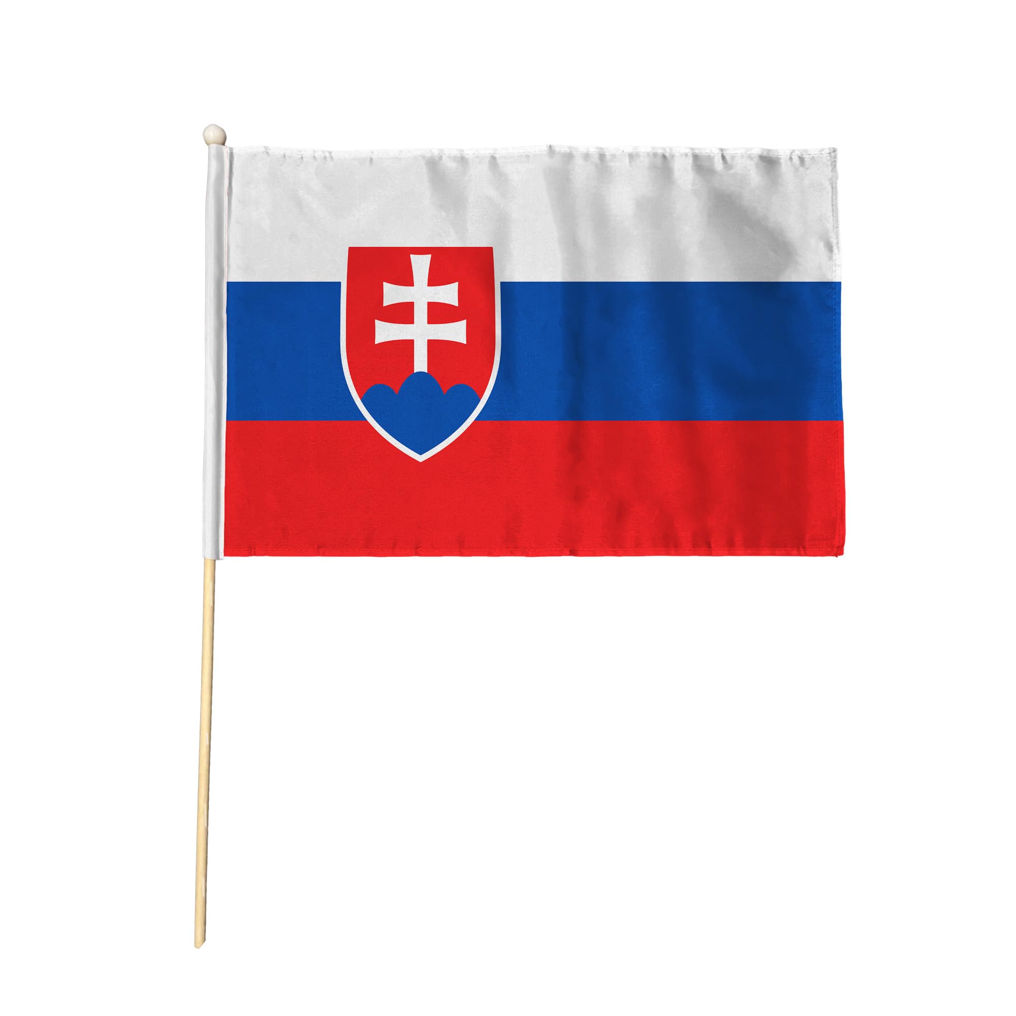 Flagtex Slovakia Hand Waving Flag (9x6 Inch) - Premium Wooden Stick Hand Flag 9x6 Inch Natural Wood Pole European White Blue Red Shield Coat of Arms Flag Events Parades