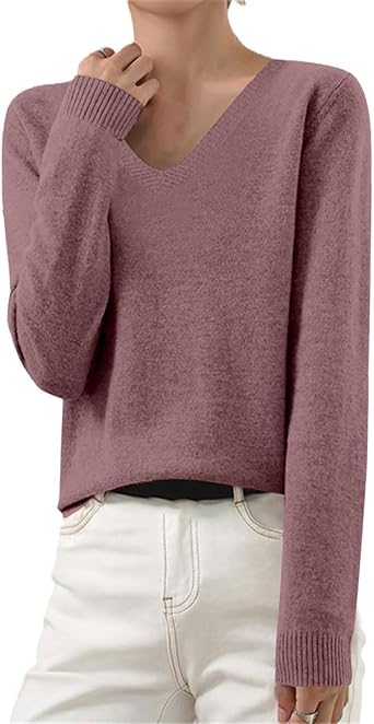 OIOLOYJM Fall Cashmere Sweaters for Women 2025 V Neck Long Sleeve Tops Lightweight Knitted Pullovers Merino Wool Sweater