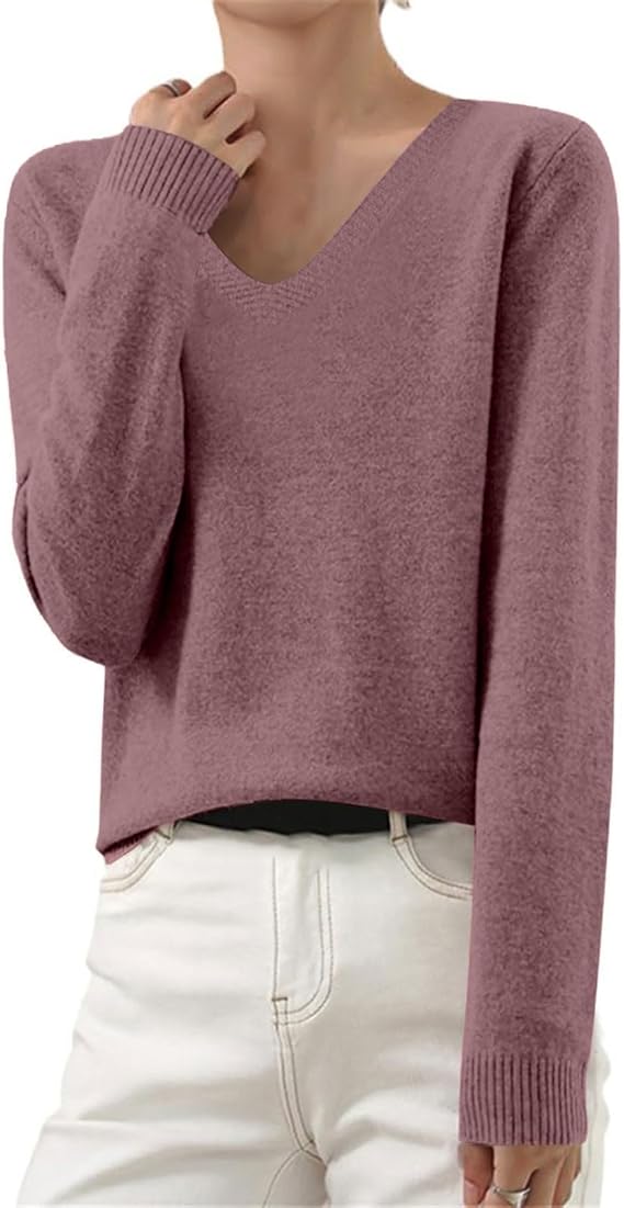OIOLOYJM Fall Cashmere Sweaters for Women 2025 V Neck Long Sleeve Tops Lightweight Knitted Pullovers Merino Wool Sweater