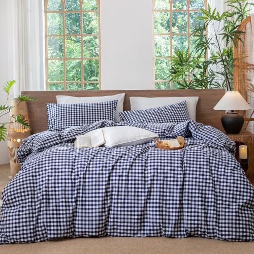 Image of MooMee Gingham Duvet Cover Set 100% Washed Cotton Linen Like