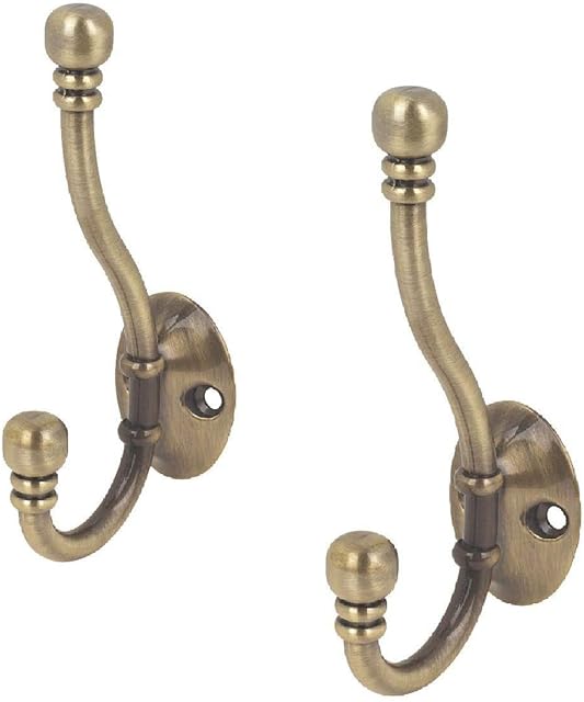 2 x Metal Double Antique Brass Hat and Coat Hooks Door Robe Dress Ball End