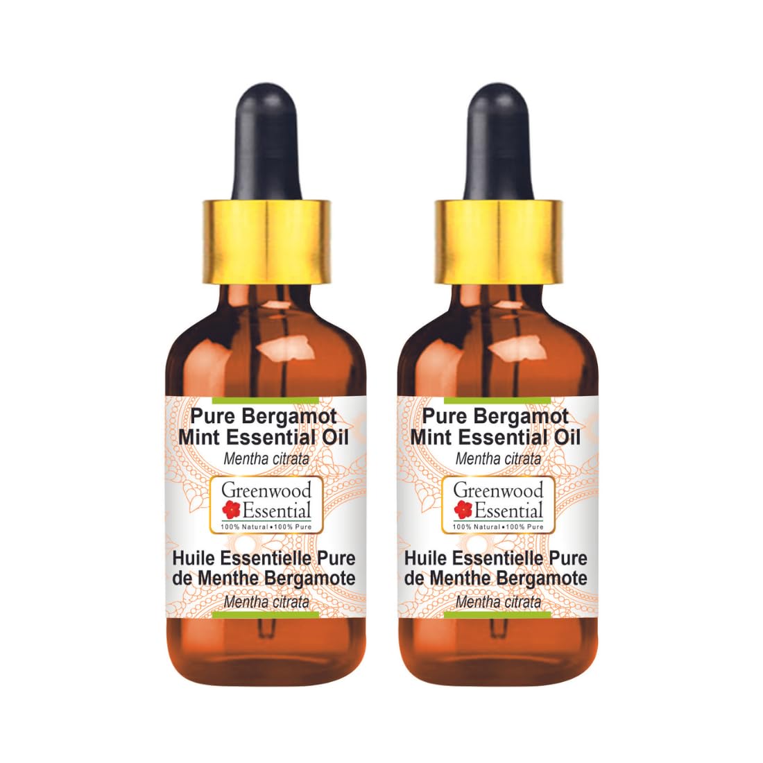 Greenwood Essential Puro Bergamotto Menta Olio Essenziale (Mentha Citrata) con Contagocce in Vetro 100% Naturale Qualità Terapeutica Distillata a Vapore (Set di due) 100ml X 2 (6,76 once)