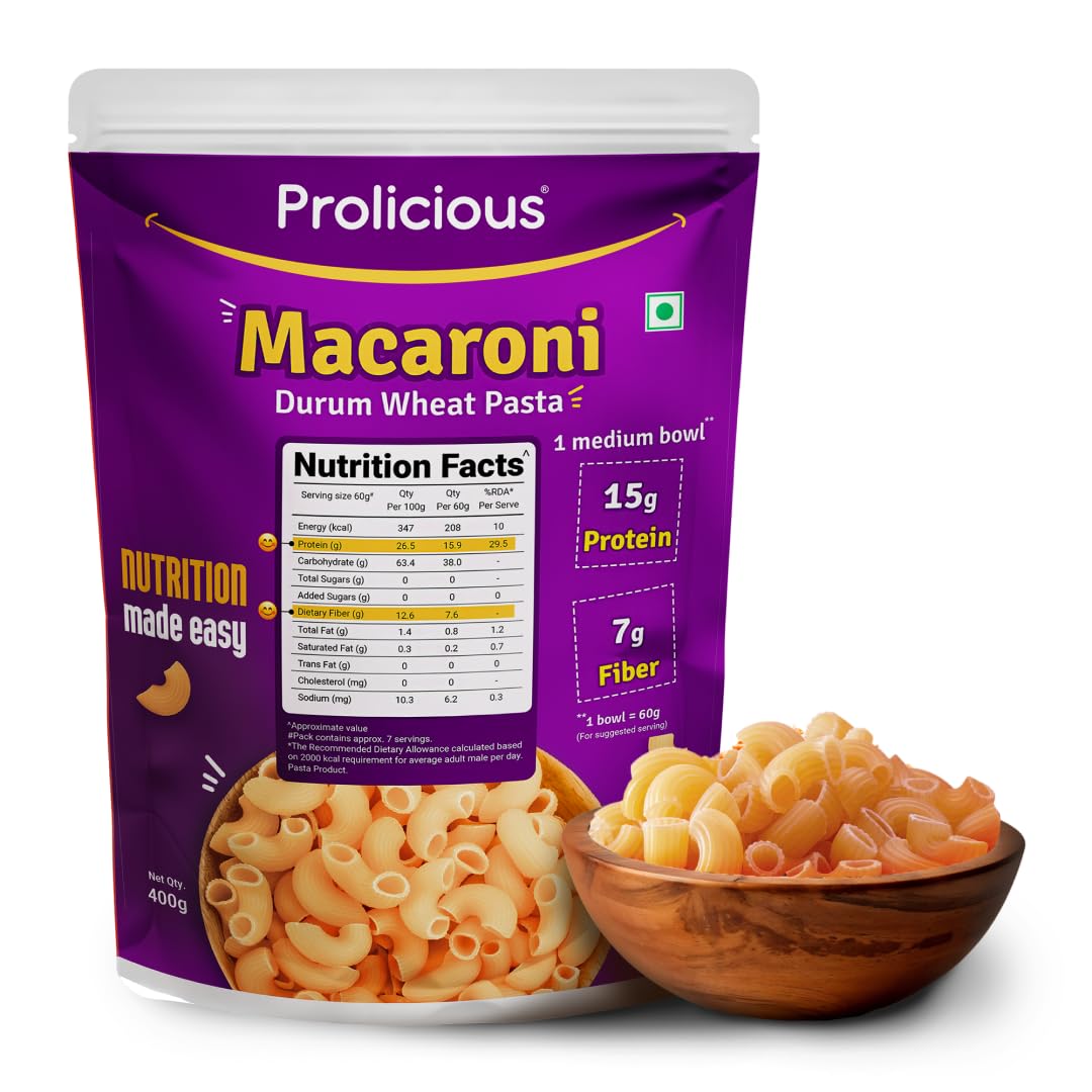 Prolicious Durum Wheat Macaroni Pasta | 2X Protein & High Fiber | No Maida | Plant Based | 400g