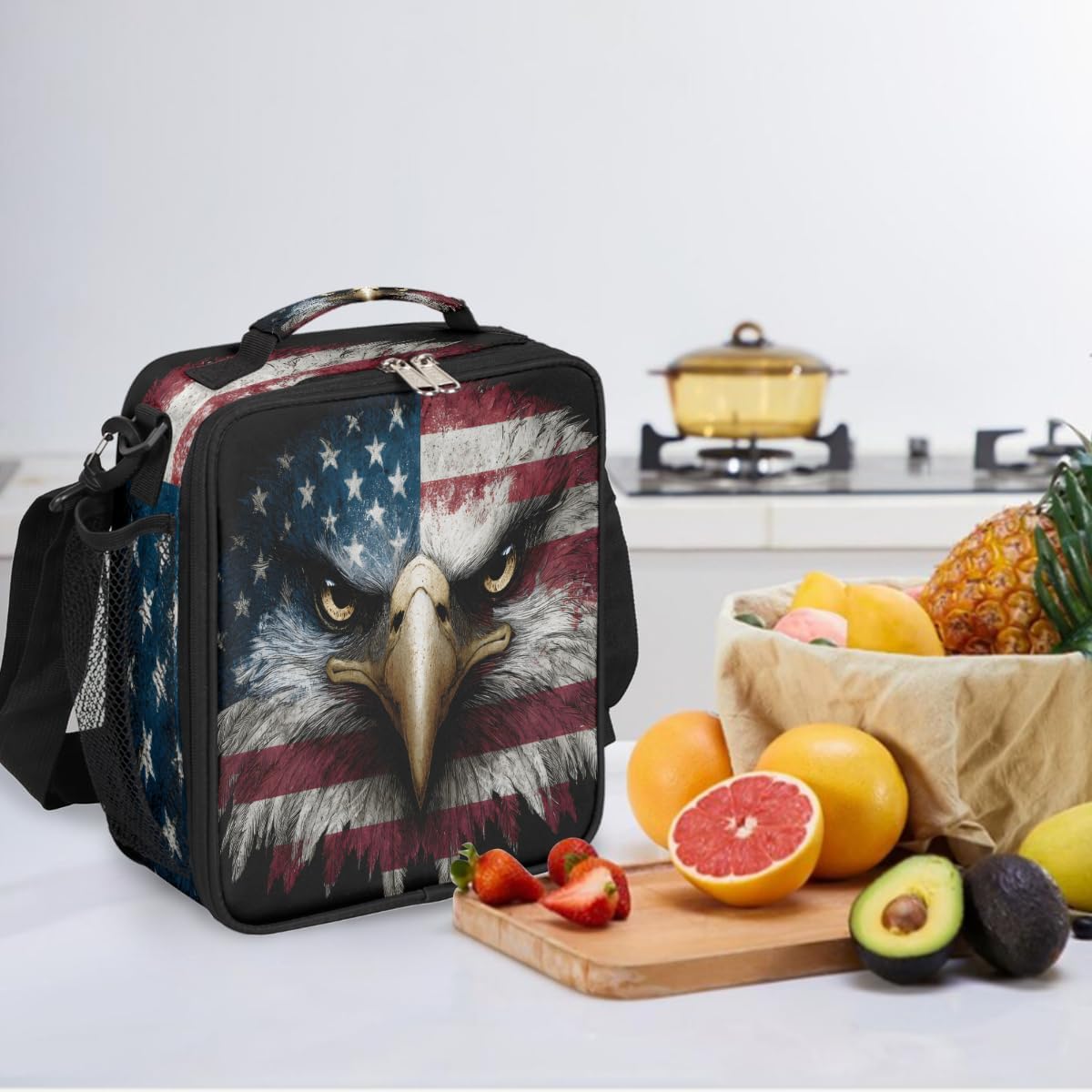 Pardick Insulated Kids Lunch Bag USA Flag Eagle Reusable Lunch Box for Girls Boys Toddler Lightweight School Cooler thermal Bag with Adjustable Shoulder Strap for School Picnic Children Meal Prep