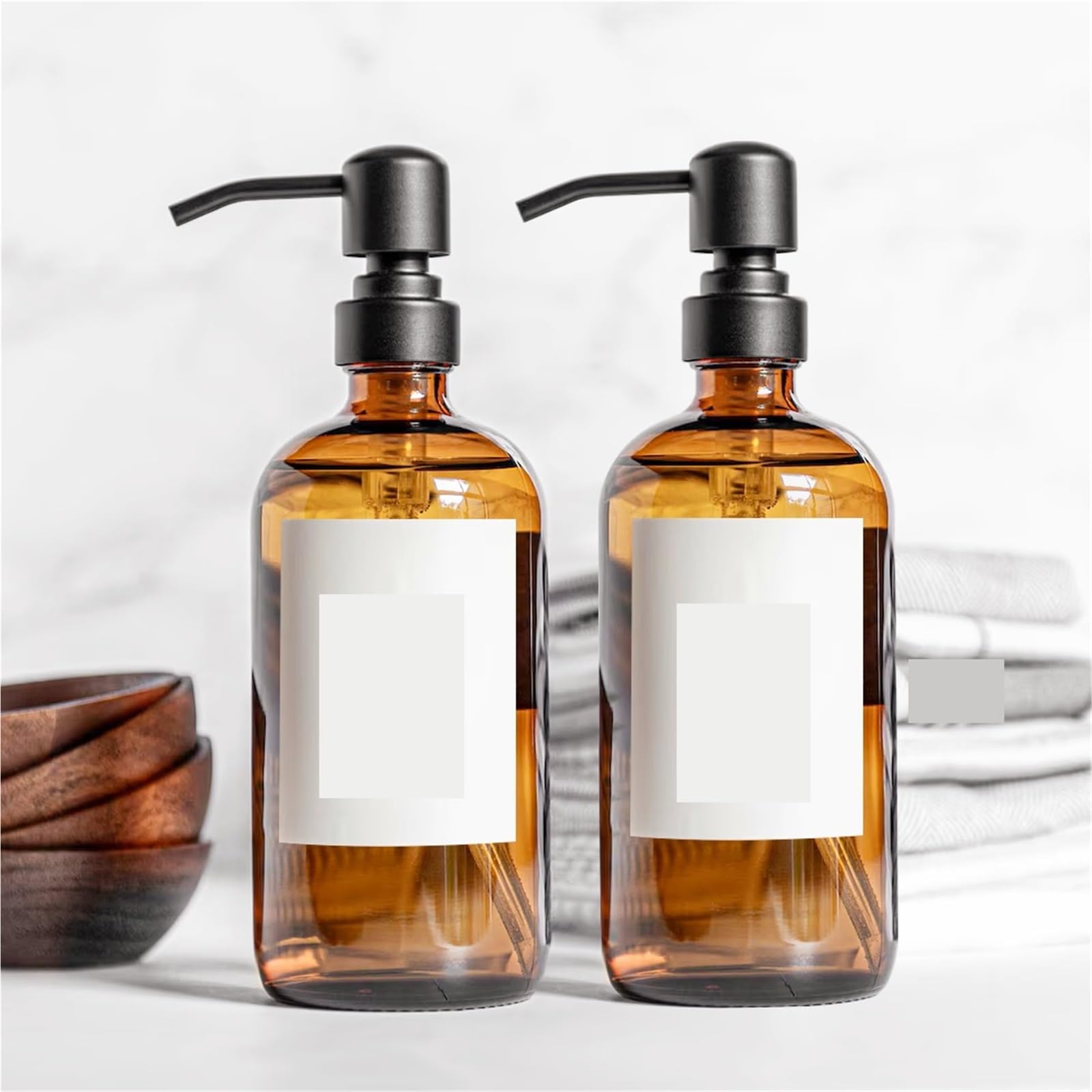 Dispenser di sapone in vetro ambrato con pompa nera, mano liquida for bagno, piatto da cucina, 2 pezzi 16 Oz 500 ml(Silver pump)