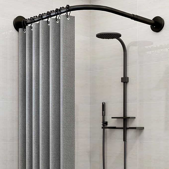 Extendable L Shaped Shower Curtain Rod No Drilling Black Curved Corner Bath Curtain Rail Bar