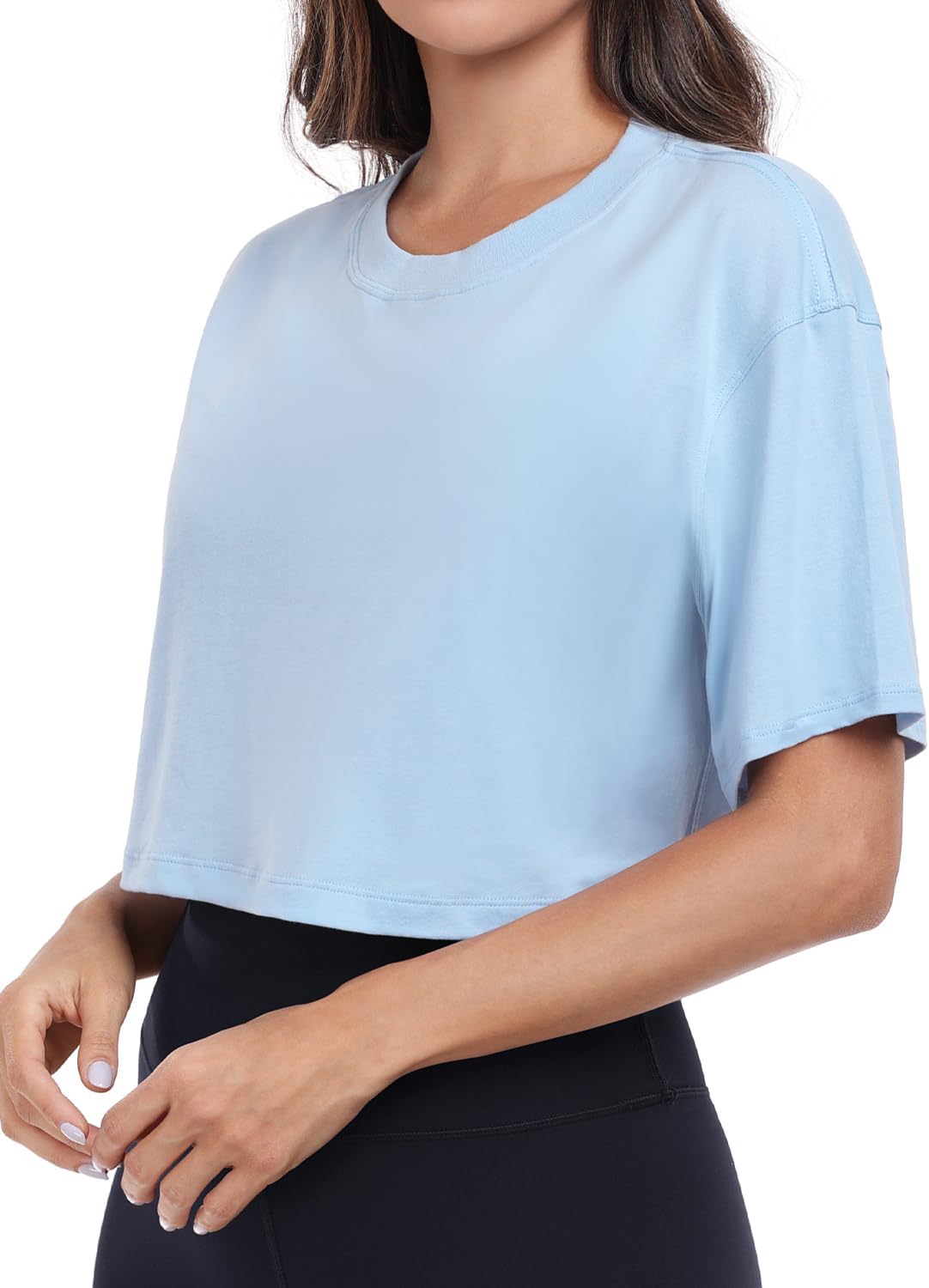 HeyNuts Pima Cotton Short Sleeve Workout Cropped Tops for Women Crew Neck Casual Basic Athletic Crop T-Shirt - Image 4