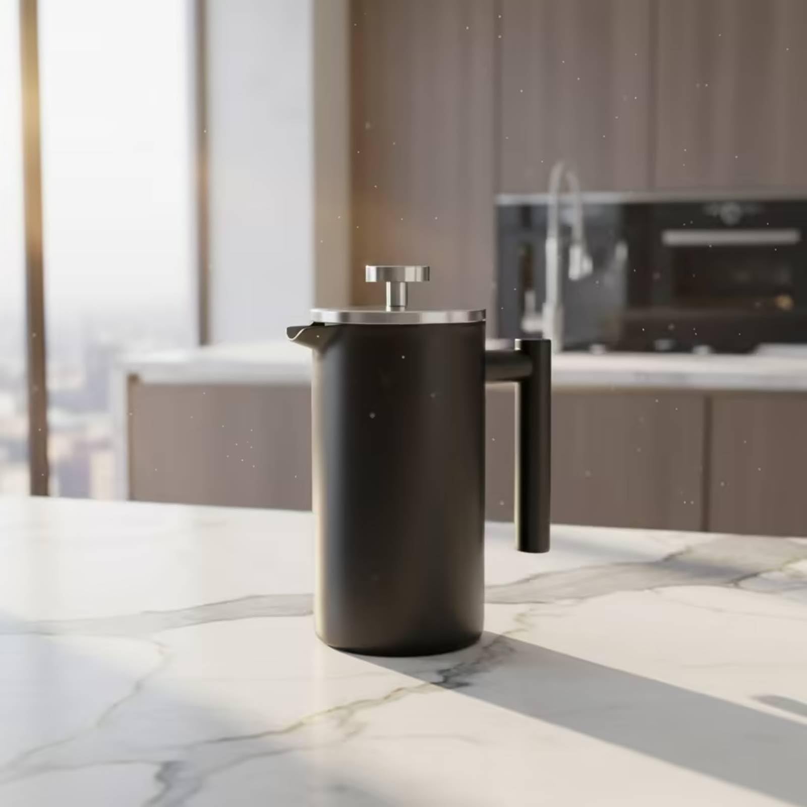 Cafetera Émbolo Francesa Acero Inoxidable Émbolo Francesa con Doble Filtro Negro Opaco Cafetera con Filtros para Hogares, sayuno, Cocina, Oficina