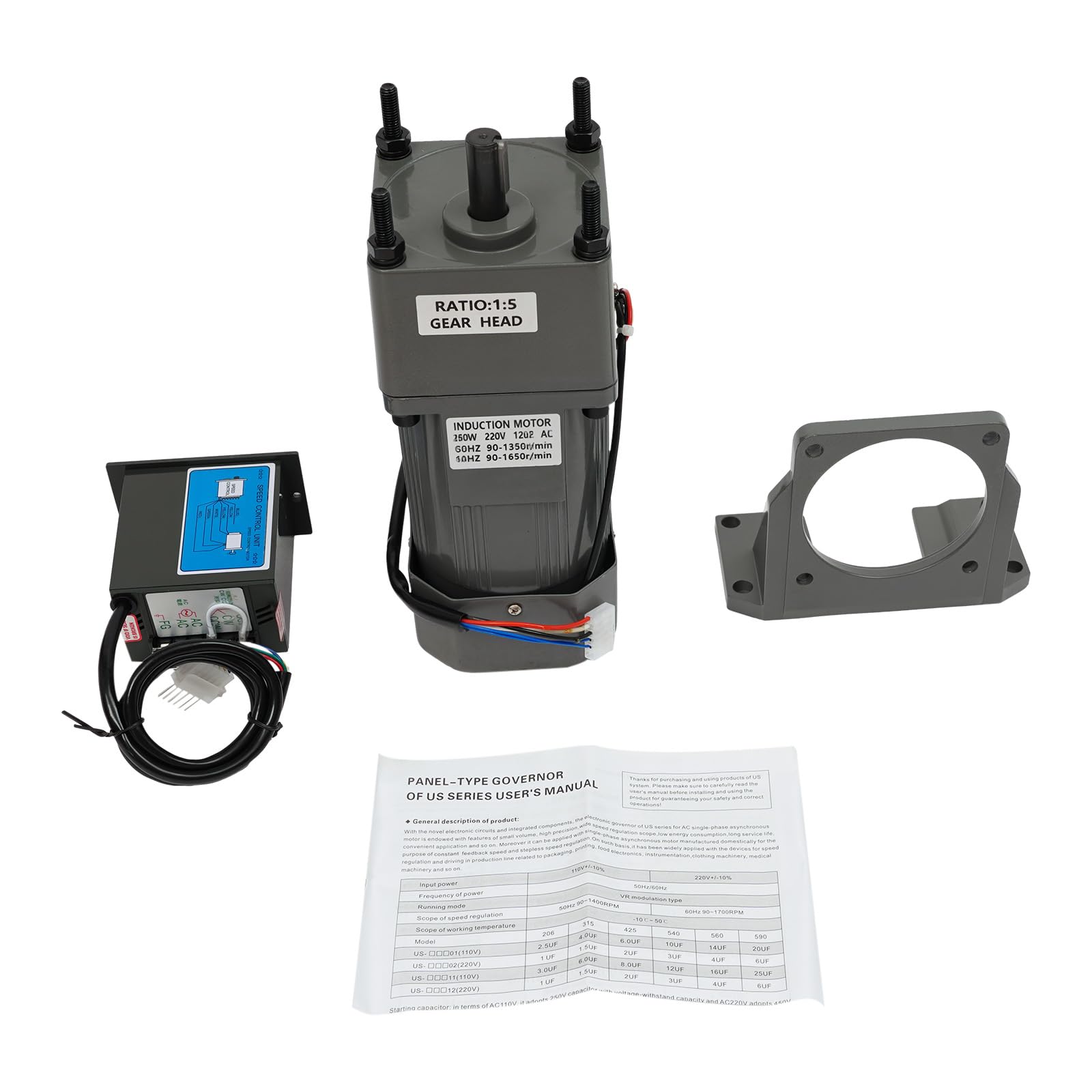 Motor de engranajes 250 W 220 V ajustable con soporte, reductor y regulador de velocidad, motor ajustable de engranaje, motor de engranaje para líneas de montaje, dispositivos inteligentes, máquinas