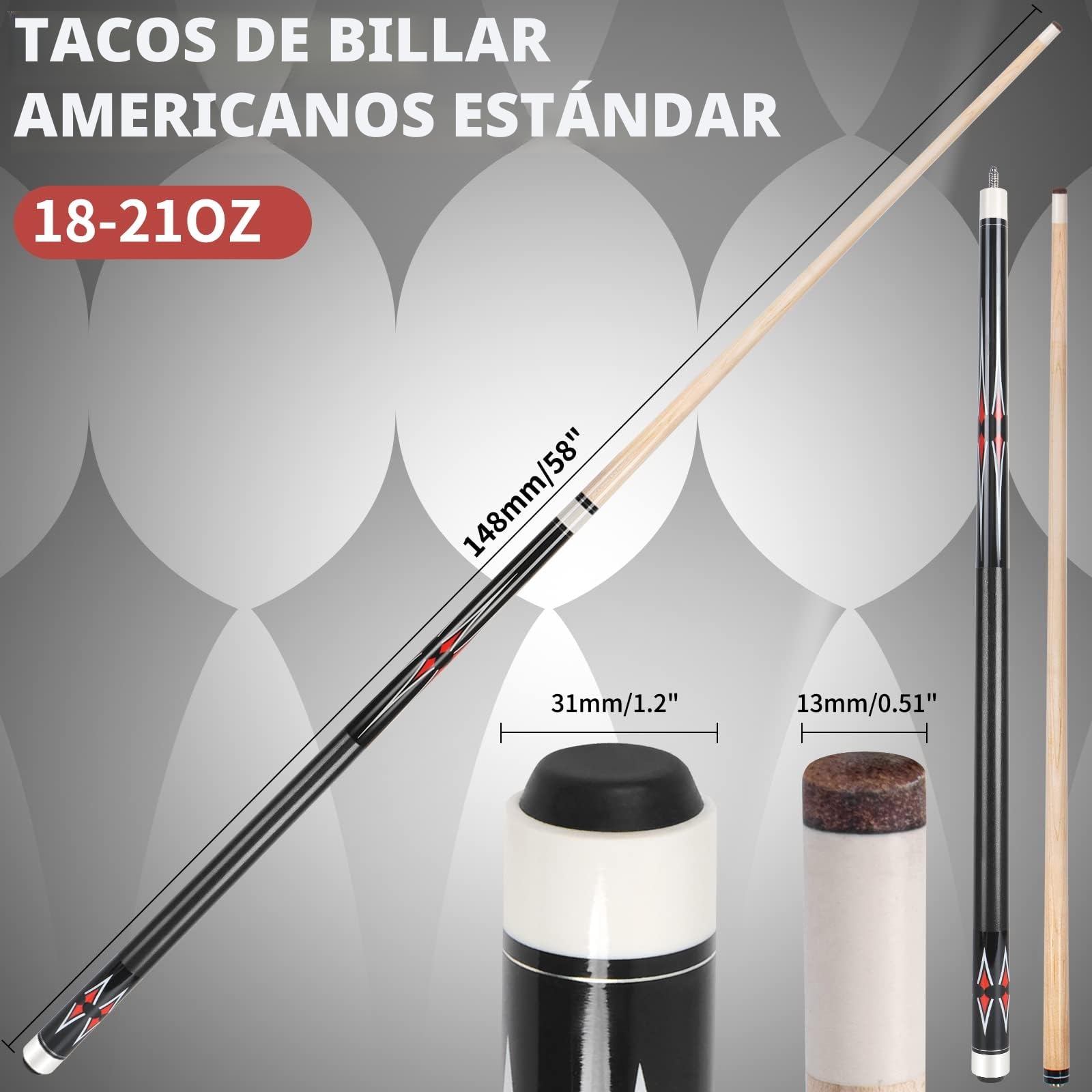 AKLOT Tacos de Billar, Tacos de billars 58 Pulgadas Palo de Madera de Arce Canadiense para Jugadores de Billar Profesionales de 18 19 20 21 oz