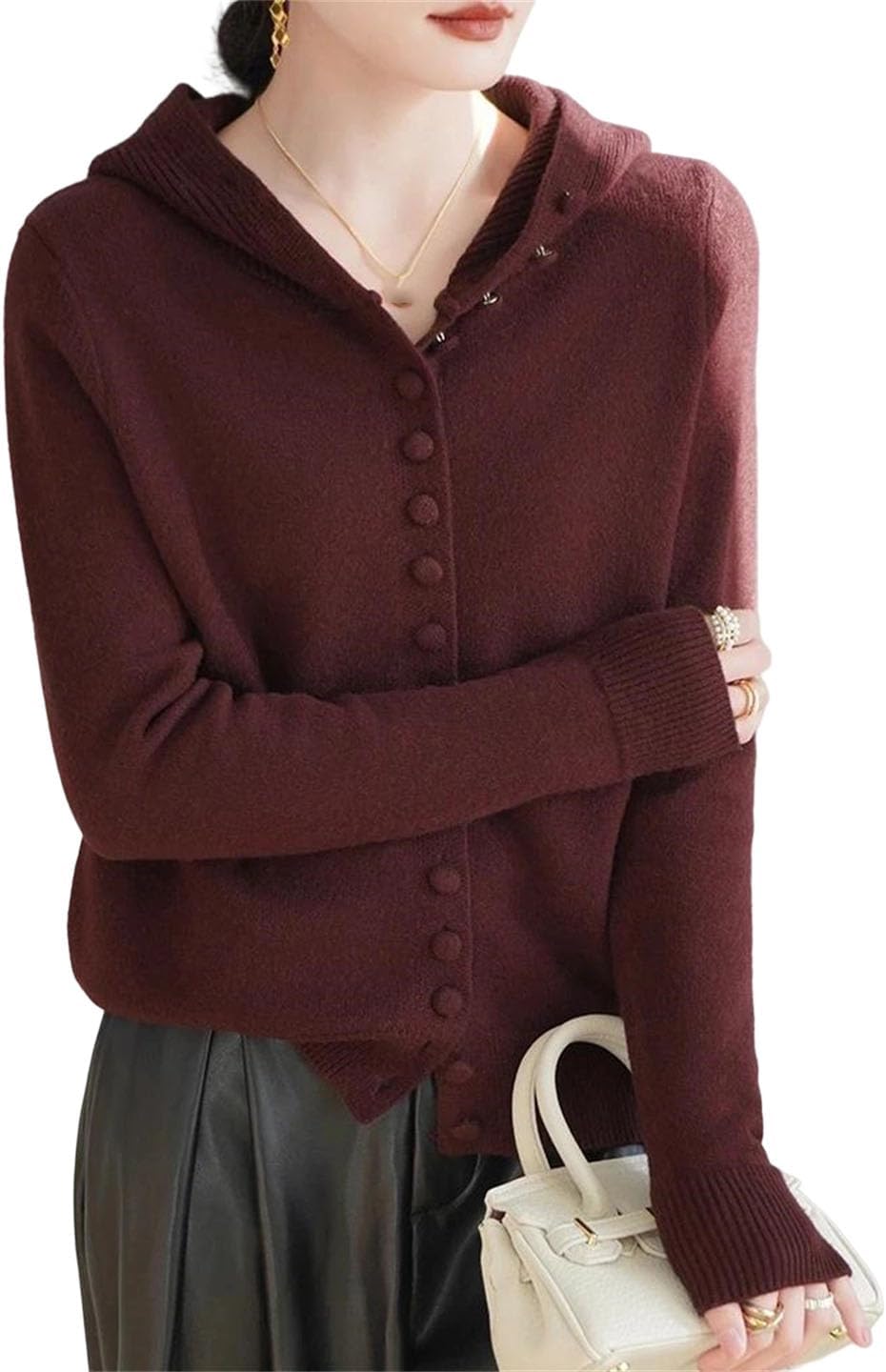 Women's Spring Fall Classic Wool Cardigan Knitted Hooded Button Sweater Basic Loose Top