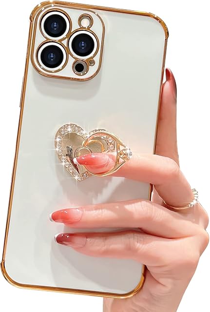 Teageo for iPhone 13 Pro Max Case with Diamond Ring Holder, Girly Cute Glitter Heart Design Rotatable Finger Holder Stand Phone Cases Shockproof Plating Bumper Soft Silicone Back Cover, White
