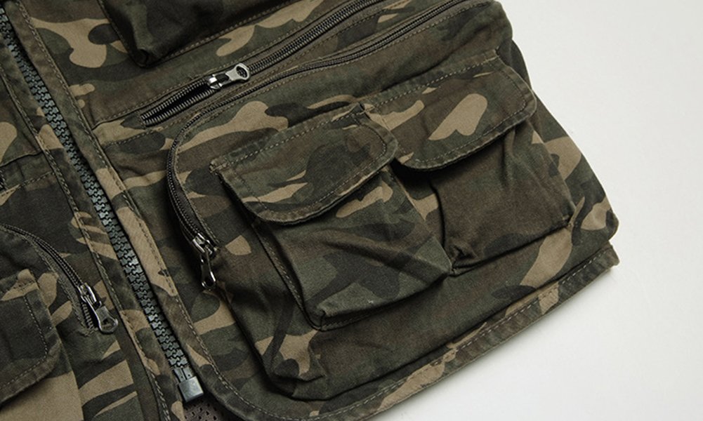 Uomo Outdoor Multi-Intascato Caccia E Gilet da Pescatore Colletto A V Zip Camuffamento Gilet Multifunzionale
