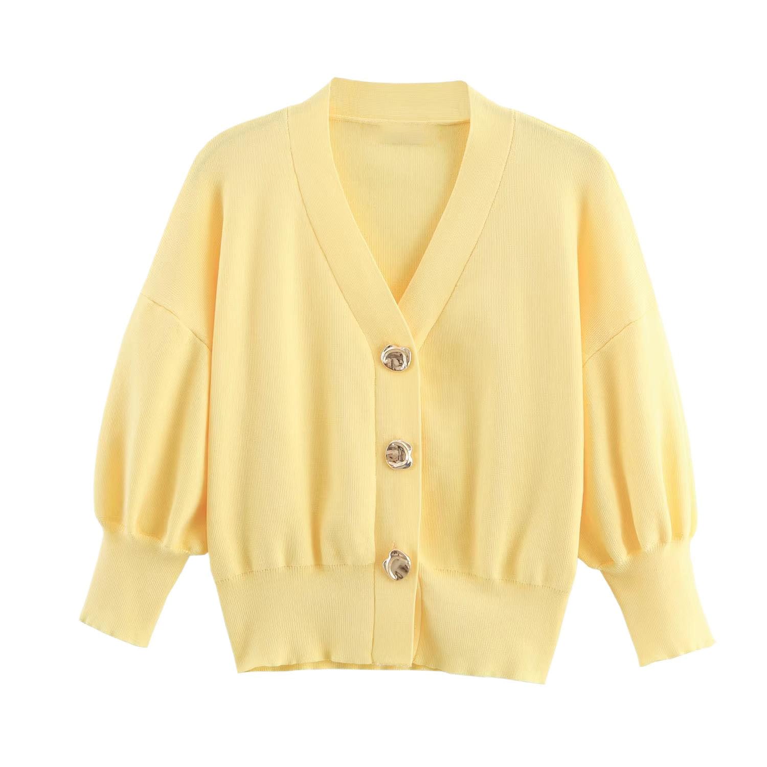 Womens V Neck Mid Sleeve Knit Cardigan Autumn Winter Casual Open Front Coat with Floral Button Detail