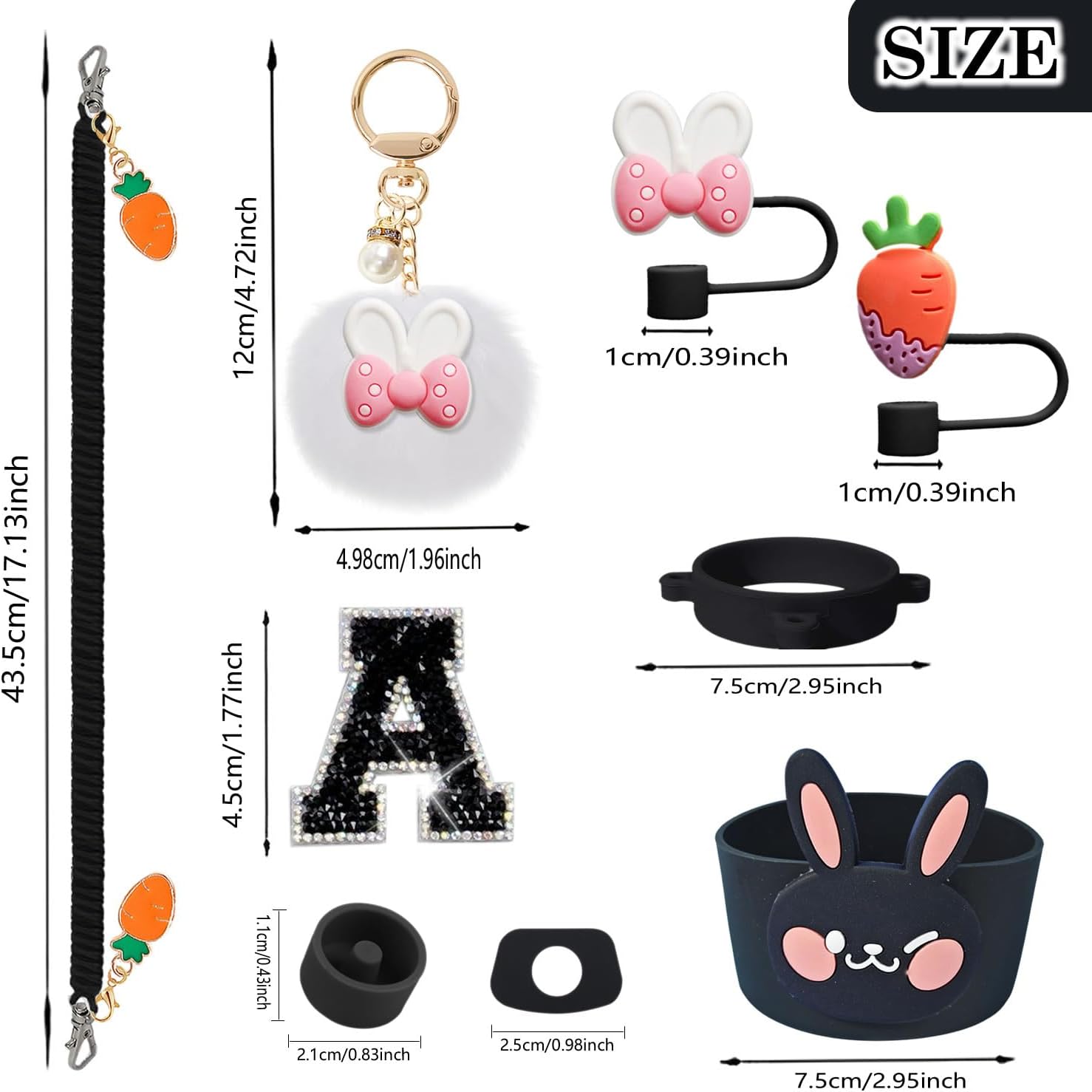 9PCS Rabbit Accessories Set for Stanley Cup, Including Rabbit Straw Toppers, Silicone Boot, Pom Pom Keychain, Handle Strap, Diamond Letter Stickers, for 30oz 40oz Tumblers image 5