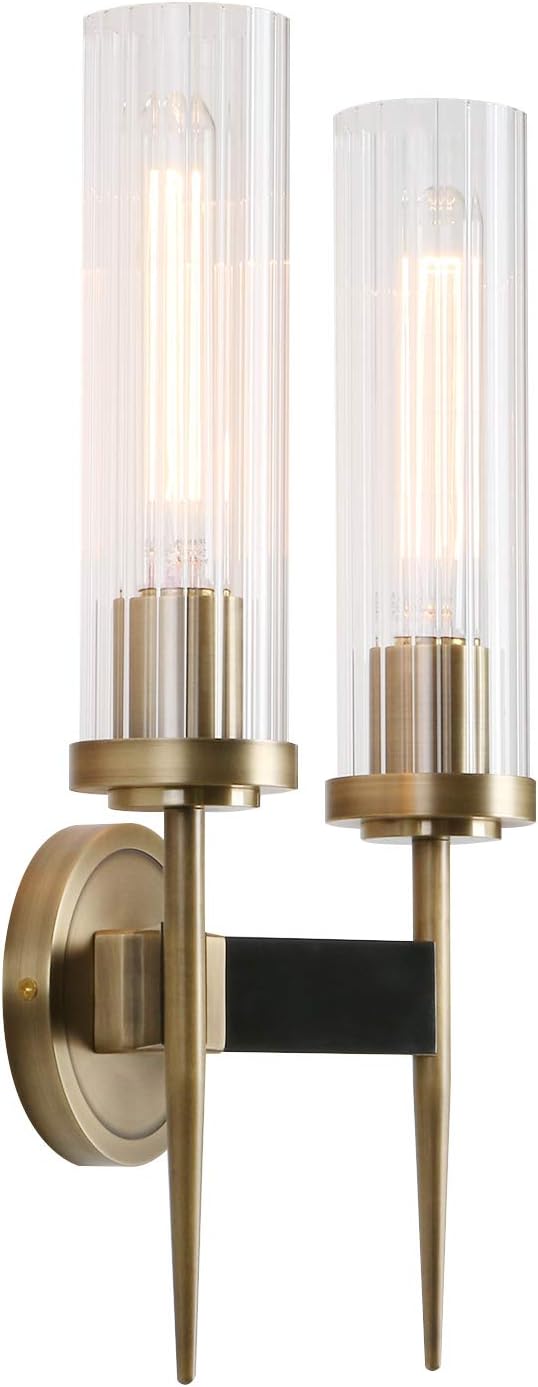 Permo Vintage Bronze Double Sconce Antique 2-Lights Wall Sconces with Dual 2.8" Cylindrical Clear Glass Shade