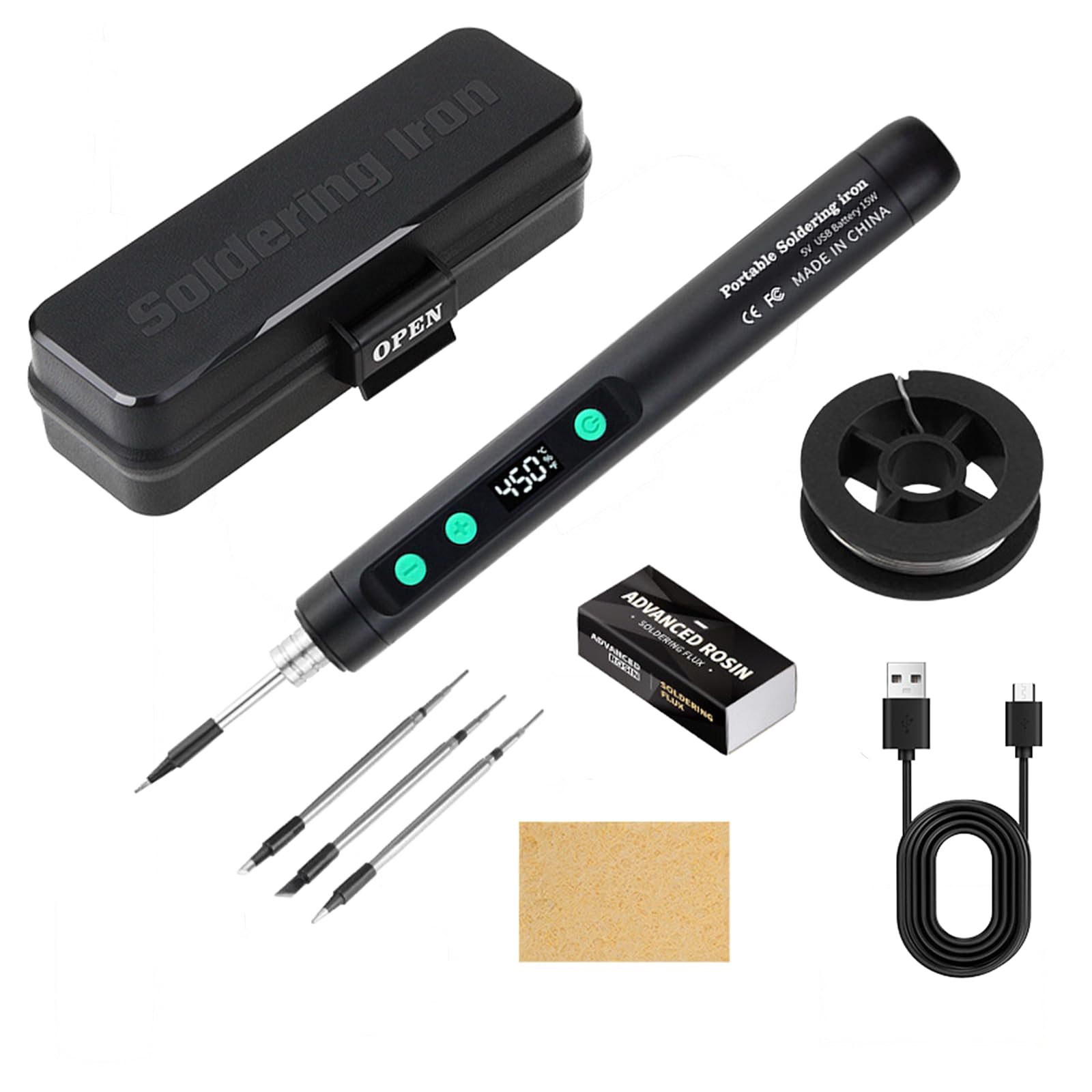 Soldador Inalámbrico USB Recargable, Diseño Doble Bloqueo Anti-desprendimiento, Pantalla LCD Temperatura Ajustable, Kit Completo con 3 Puntas, Alambre y Pasta de Soldadura, Color Negro | Kit de soldador de temperatura ajustable, 3 puntas de soldadura, pasta de soldadura, alambre de soldadura, color negro