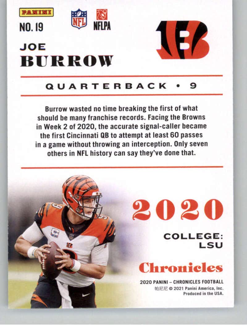 Amazon.com: 2020 Panini Chronicles Base Chronicles #19 Joe Burrow  Cincinnati Bengals RC Rookie Card Official NFL Football Trading Card in Raw  (NM or Better) Condition : Collectibles & Fine Art