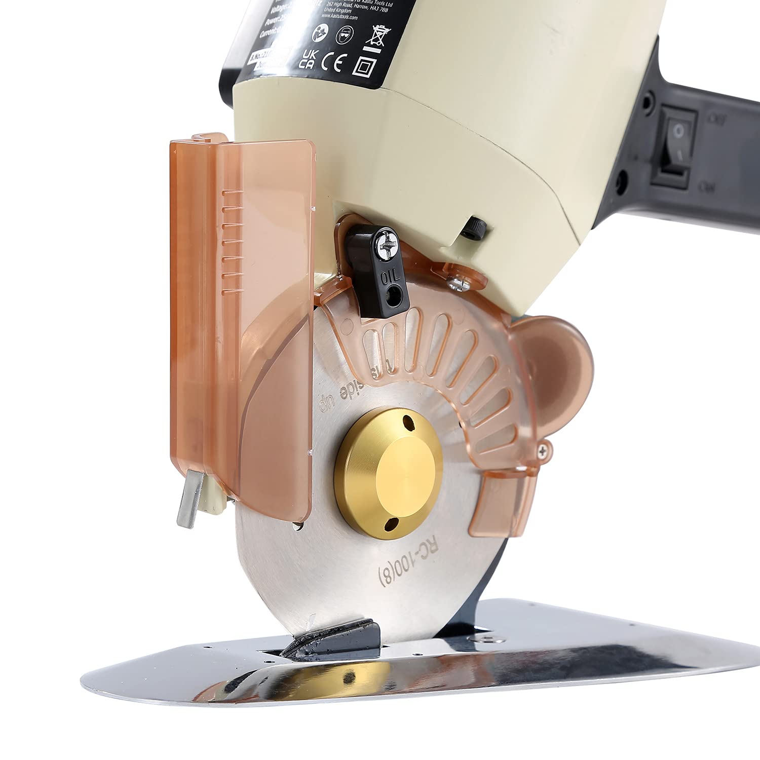 KATSU Taglierina Elettrica per Tessuti 220V 250W, Lama Diametro 100mm e 27mm Spessore di Taglio Massimo, Ideale per Tessile Pelle Taglio Carta 103916