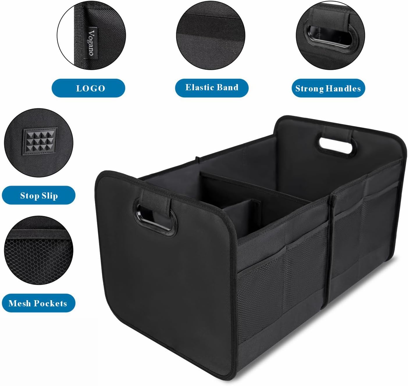 Vogano Car Trunk Organizer for SUV, Collapsible Multi-Compartment Car Organizers Foldable 600D Oxford Polyester for SUV,Automotive (black)