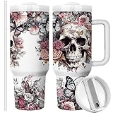 Equoza Horror Gifts Idea for Men 40oz Gothic Skulls Stainless Steel Travel Mug Tumbler with Handle, Double Wall Vacuum Insulated Cup with Lid and Straw (Pack of 1)