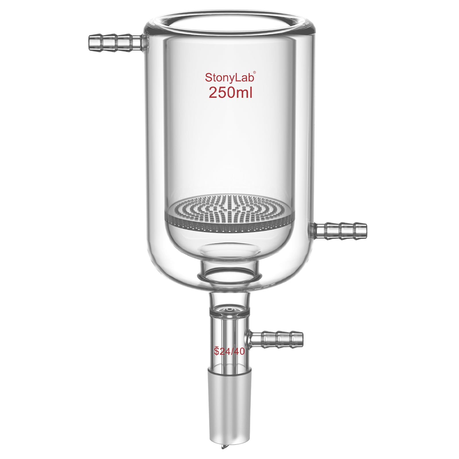 stonylab Embudo Buchner de Vidrio con Camisa y Disco Fritado de 1,5 mm, 250 ml, Unión 24/40 y Conexión de Manguera de 10 mm para Filtración al Vacío en Laboratorio