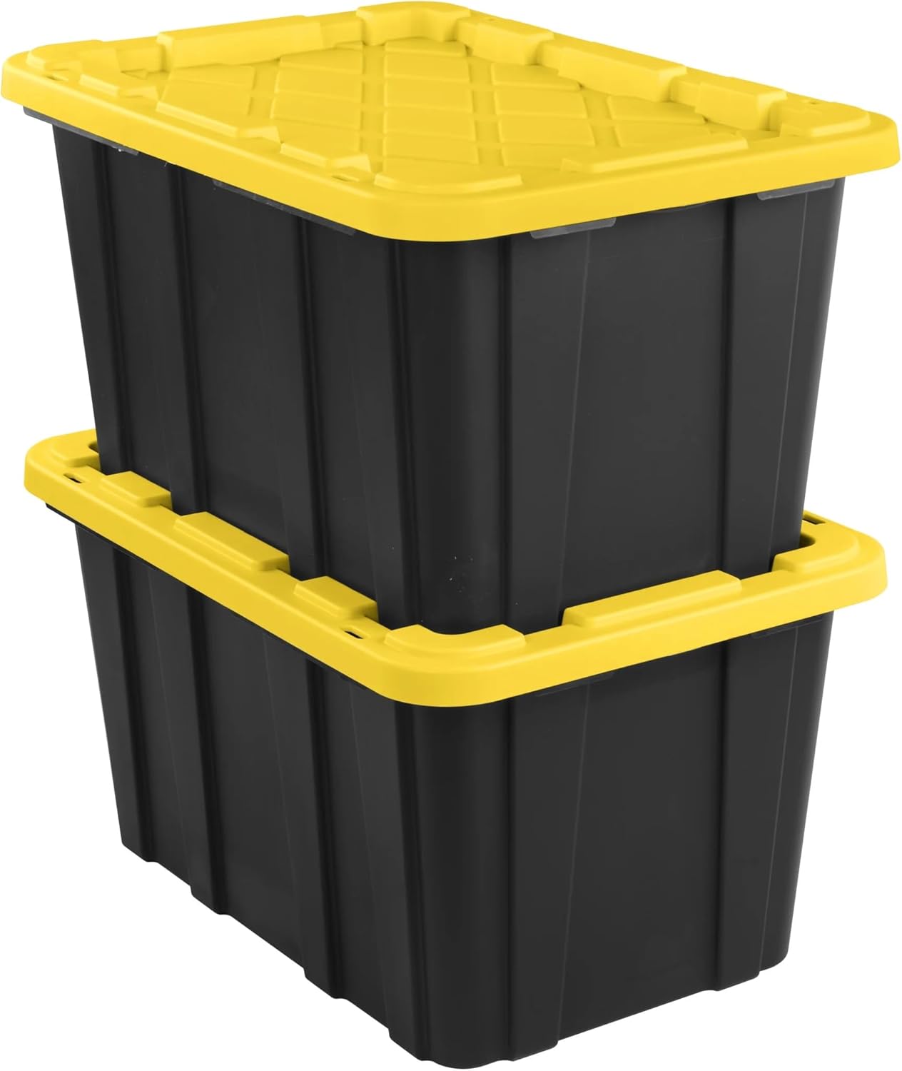 6 Pack 27 Gallon Heavy Duty Industrial Storage Bins - Black & Yellow Plastic Totes with Snap-On Lids, Stackable, Tie-Down Ready for Garage, Truck