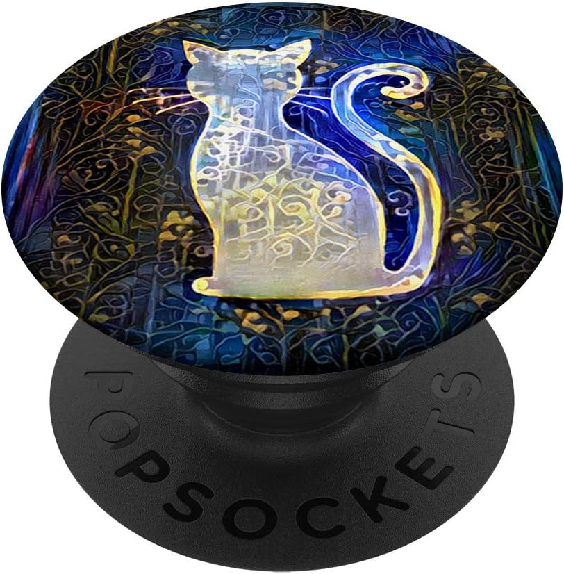 Cat Phone Grip On Light Blue Golden Artistic Floral Design