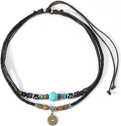 Miniatura 7 de HETICA Gargantilla de cuentas de madera boho en capas occidentales, collar trenzado de flores en forma de corazón, cordón de cáñamo ajustable,