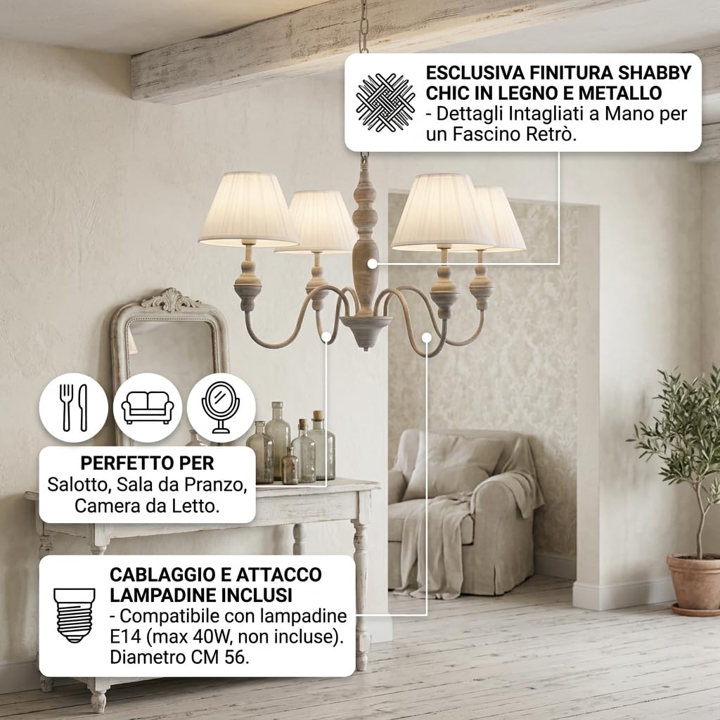 DiKasa Lampadario a Sospensione 4 Bracci in Metallo Grigio Stile Shabby Chic, Paralumi in Tessuto Bianco Smontabili, Attacco E14, Diametro 56 cm Altezza 95 cm