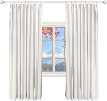 Pinch Pleat Full Blackout Linen Curtains, 42 W x 102 L, 1 Panel | 102 Inches Long with Hooks, Beige White Pleated Drapes 100% Black Out, Thick Linen Blend, Room Darkening Thermal Insulated
