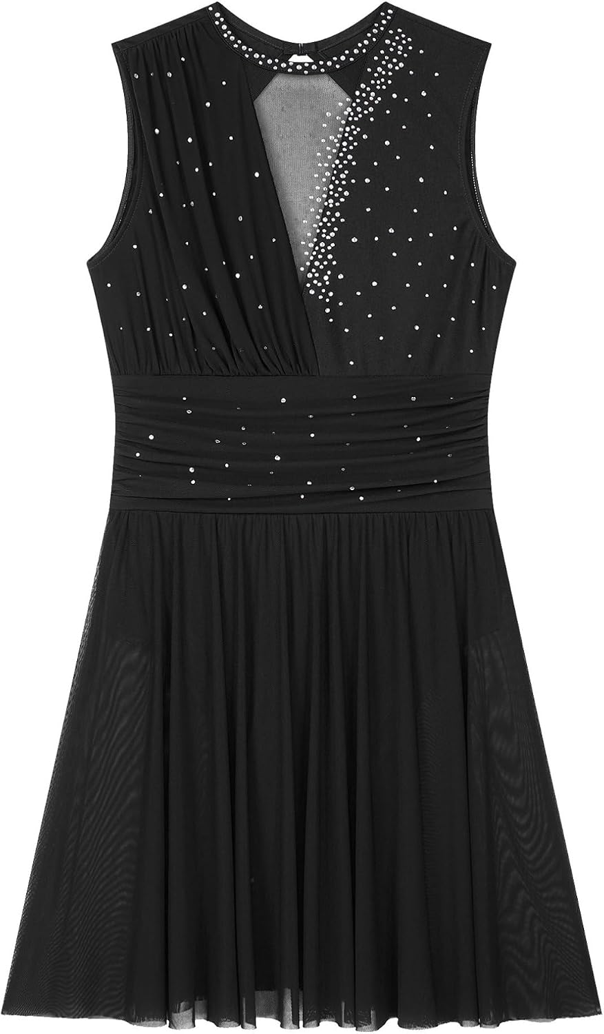renvena Lyrical Dance Costume Women Shiny Rhinestone Figure Ice Skating Dress Sheer Mesh Ballet Leotard with Gloves