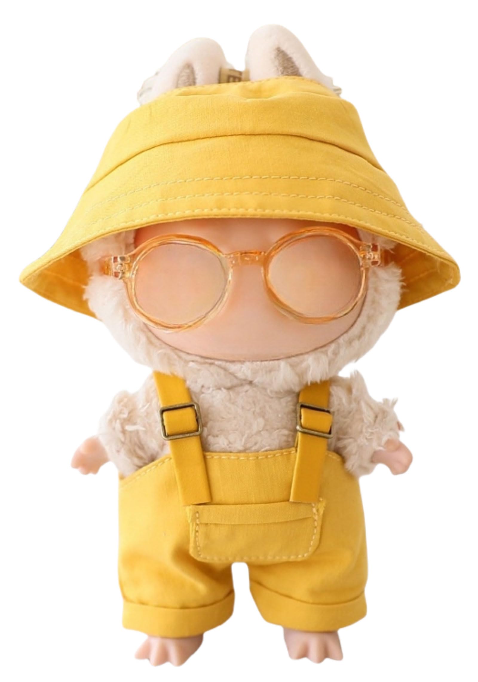Doll Clothes 3-Piece Sets Compatible with Labubu Clothes Dolls Accessories Colorful Glasses & Hat & Overalls Suitable for 6.7" Dolls (No Doll) (Yellow