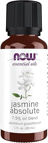NOW Aceites esenciales, mezcla de aceite absoluto de jazmín, mezcla de 7.5% de aceite absoluto de jazmín puro en aceite de jojoba puro, aroma