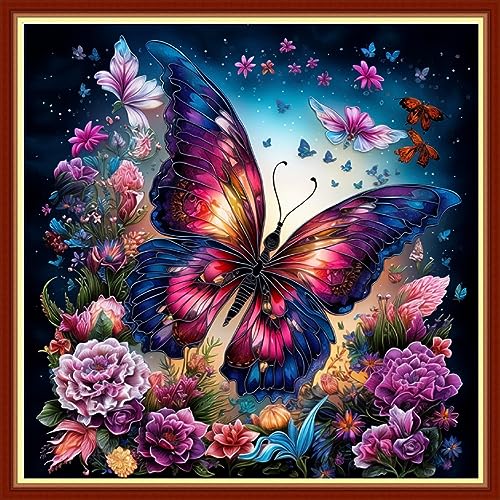 Image of Foxhool Beginners Cross Stitch Kits Stamped Full Range of Embroidery Kits for Adults DIY Cross Stitches kit Embroidery Patterns for Needlepoint kit-Colorful Butterfly Flowers 17.7x17.7 inch