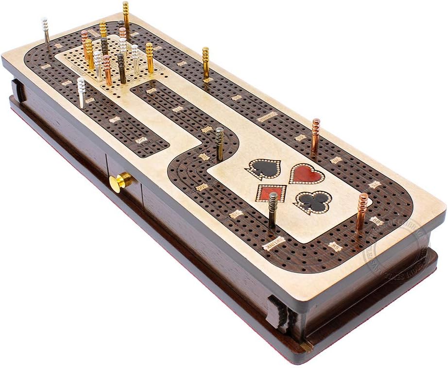 House of Cribbage - Continuous Cribbage Board/Box Inlaid in Maple/Wenge Wood: 4 Track - Cards and Pegs Storage Drawer with Score Marking Fields for Skunks, Corners and Won Games