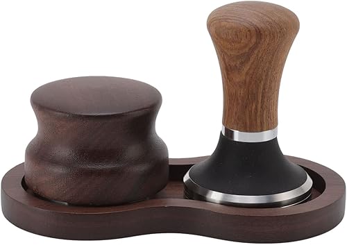 Kit de calibración de martillo de café de acero inoxidable de nogal con base universal para cocina (2.008 in), manipulador de café, distribuidor de