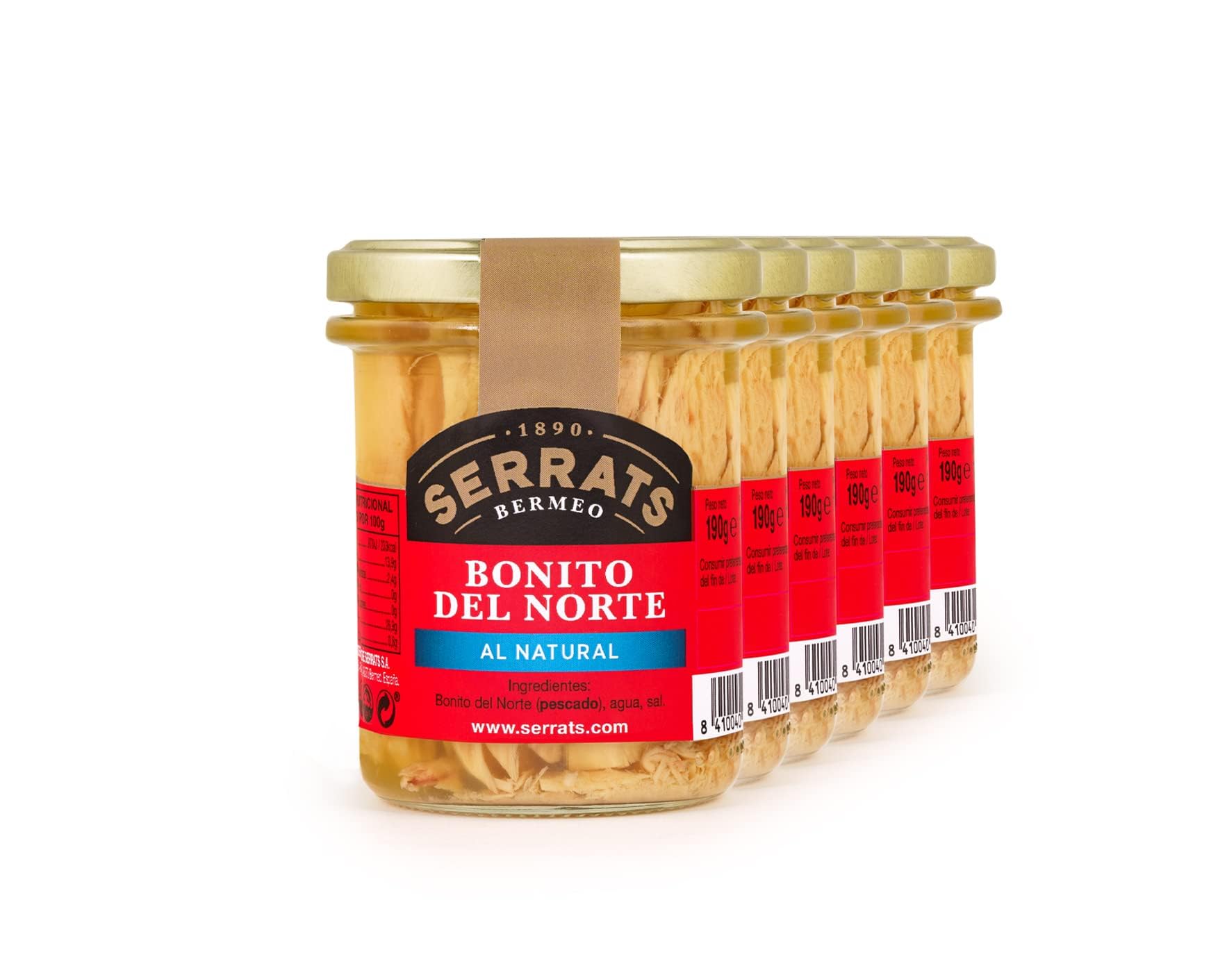 CONSERVAS SERRATS - Tonno Bianco del Cantabrico al Naturale Senza Olio - 6 Vasetti x 190g (Totale: 1140g) - Lavorazione Artigianale dal 1890 - Senza Glutine - Ricco di Omega 3