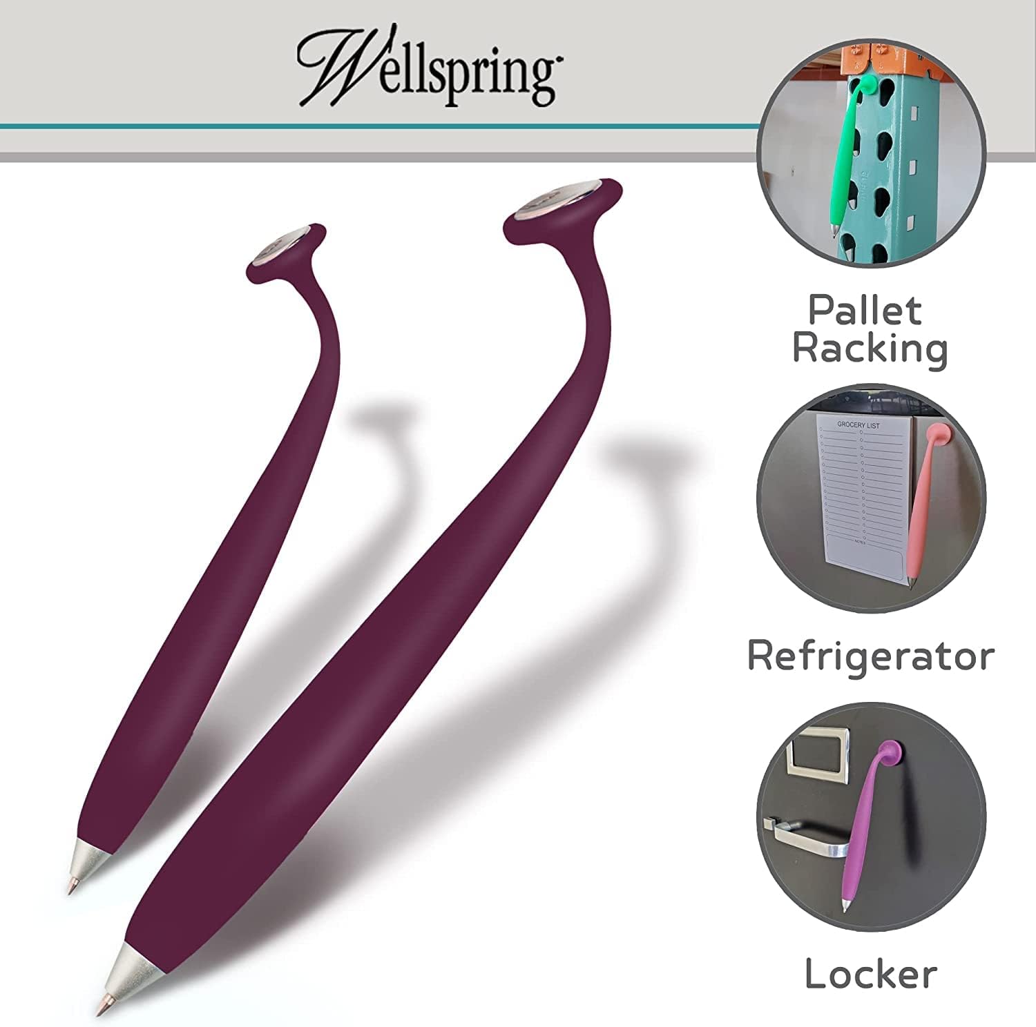 Wellspring Wiggle Writing Pens - Magnetic Pen with Built-in Magnet for Fridge Notes & Lists - Refillable Pens for Home & Office - 3 Pack - Amethyst, Jade, Navy