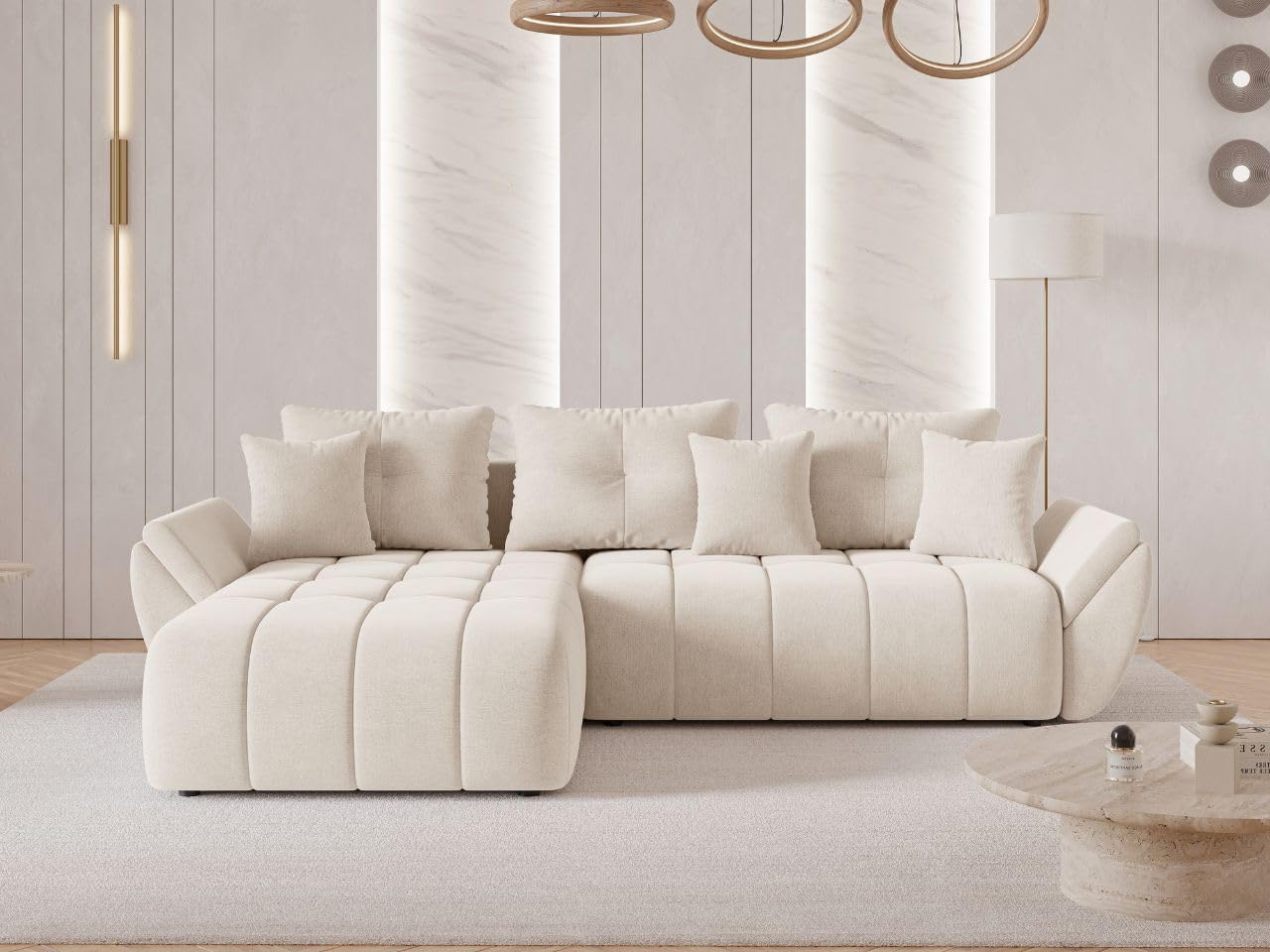 GRAINGOLD Decor L Ecksofa modern mit Bettfunktion, 263x190 cm, L-Form Sofa, Schlafcouch für Wohnzimmer, Veloursstoff, 3-Sitzer Eckcouch, Ecksofa mit Bettkasten (Beige)