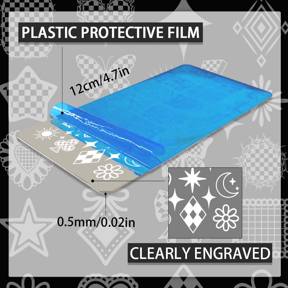 PH PandaHall 3pcs Plaid Nail Stamping Plates Checkerboard Nails Art Stencils Tartan Pattern Nail Art Templates Heart Star Butterfly Manicure Image Plates for Women DIY Print Manicures Salon Design - Image 2