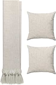 Kit Manta Para Sofá Jacquard Linho Cru Natural + 2 Capas De Almofadas 45x45 Decoração Sala Luxo