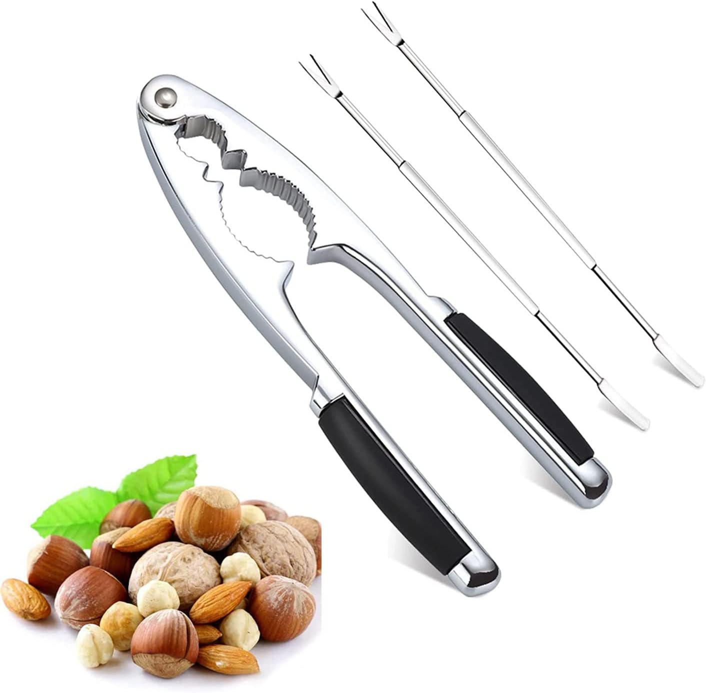 Nutcracker with NonSlip Handle, Metal Nutcracker with 2 pcs Nuts Fork