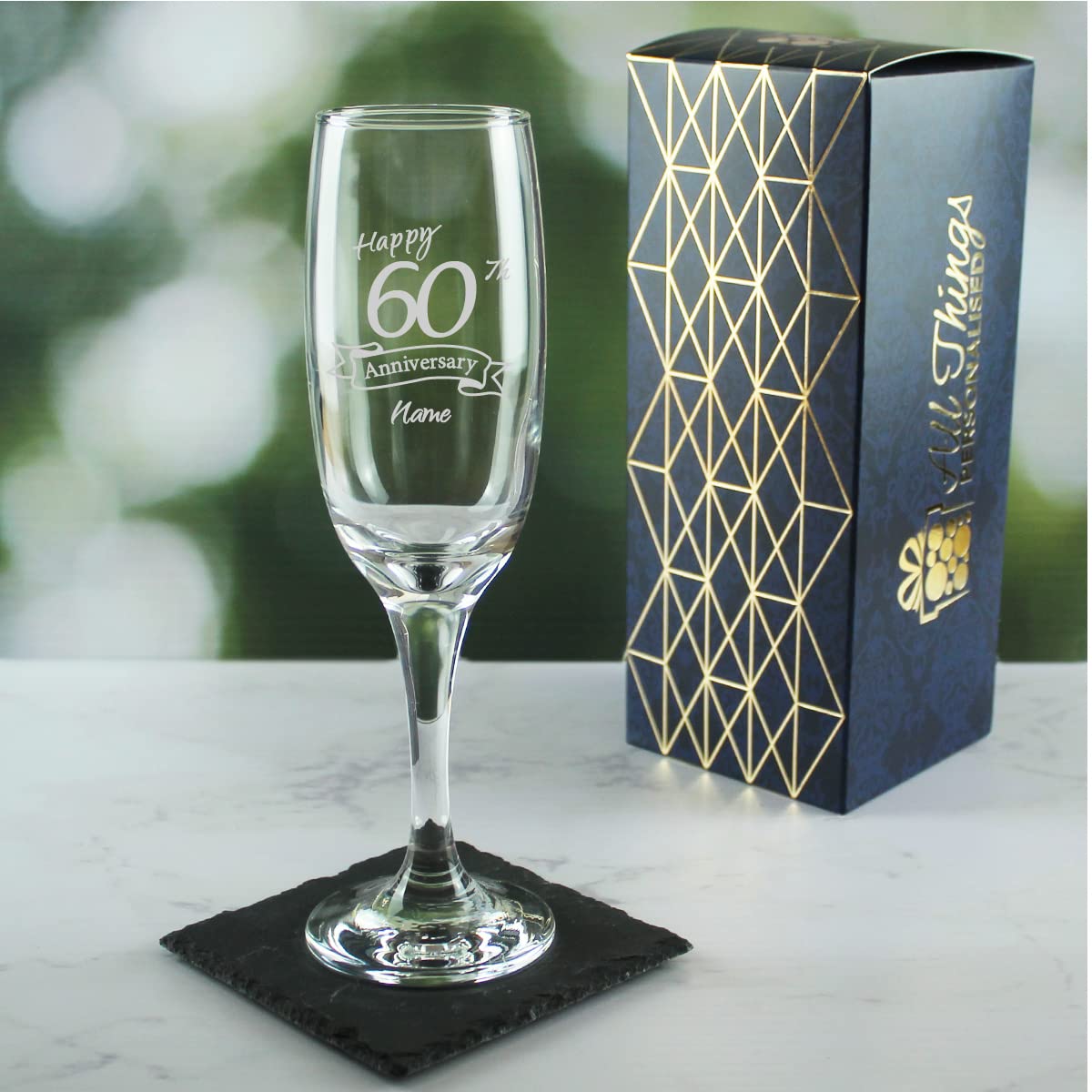 Juego de 2 vasos de 60 aniversario grabados personalizables, copas de champán imperial de 7.5 onzas, grabado en el Reino Unido, personalizables con cualquier nombre, regalo personalizado