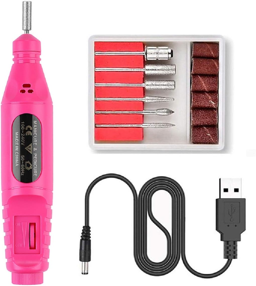 Electric Nail Drill Kit, USB Manicure Pen Sander Polisher with 6 Pieces Changeable Drills and Sand Bands for Exfoliating, Grinding, Polishing, Nail Removing, Acrylic Nail Tools (Black) (White)
