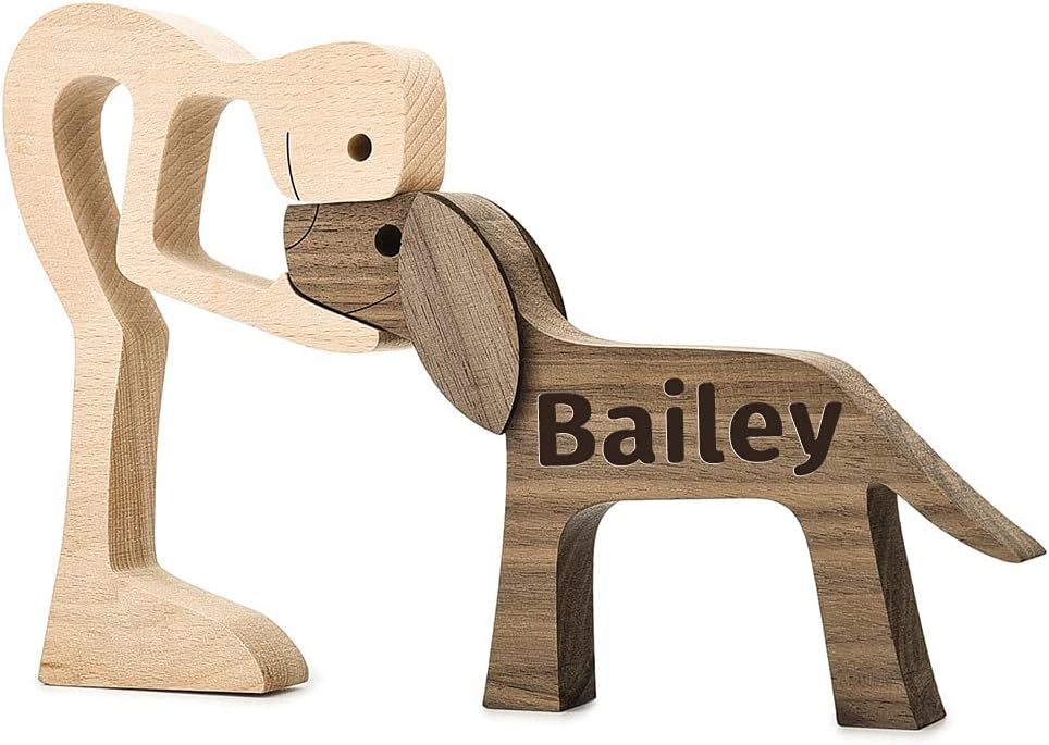 ISHINE Customize Handmade Wood Decor Sculptures, Accents Craft Figurine for Home Decor, Man with Dog Wooden Statue, Animal Sculptures Collection, Large Size