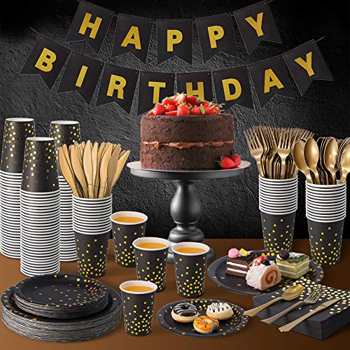Tiblue Black And Gold Party Supplies - 350 Pcs Christmas Disposable Dinnerware Gold Dot Paper Plate Napkin Cup Plastic Fork Knives Spoon For Birthday Retirement Anniversary Graduation Wedding Party #TOP6