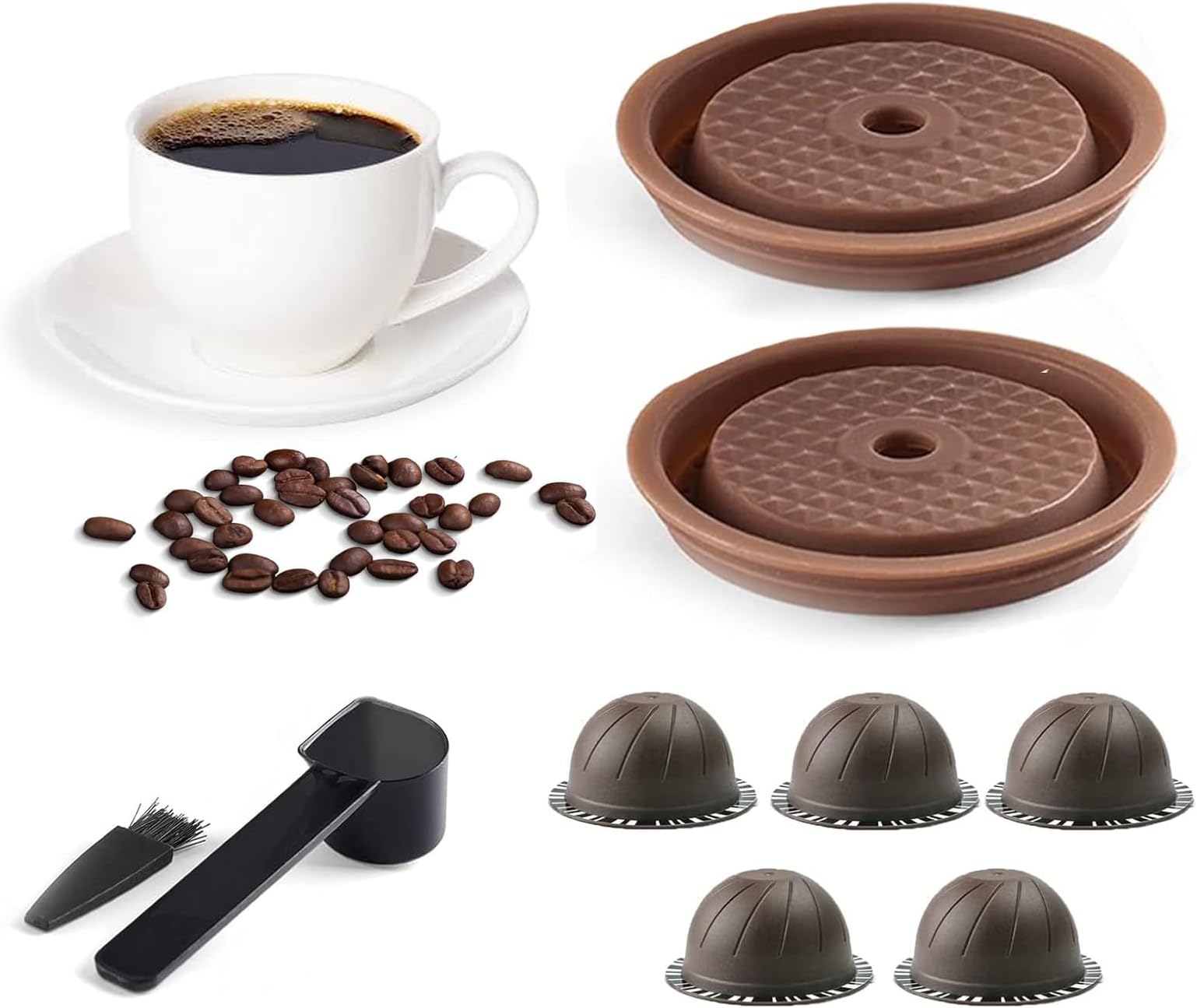 Reusable Vertuo Pods, Refillable Coffee Capsule for Vertuoline & Vertuo Pod, 230ml Coffee Pods Compatible with Nespresso Vertuo Coffee Machine, With 2Pcs Reusable Silicone Lids, Scoop, Brush (5PCS)